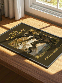 Our Ancestors Classic Book Art Print by Italo Calvino – print on a sunlit desk