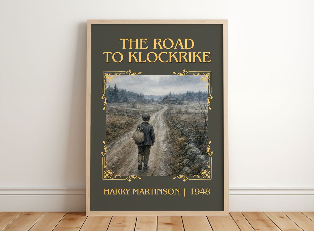 The Road to Klockrike Classic Book Art Print by Harry Martinson – framed print leaning on a wooden floor