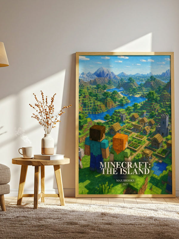 Minecraft: The Island watercolour print in frame leaning in hallway – adventure wall art