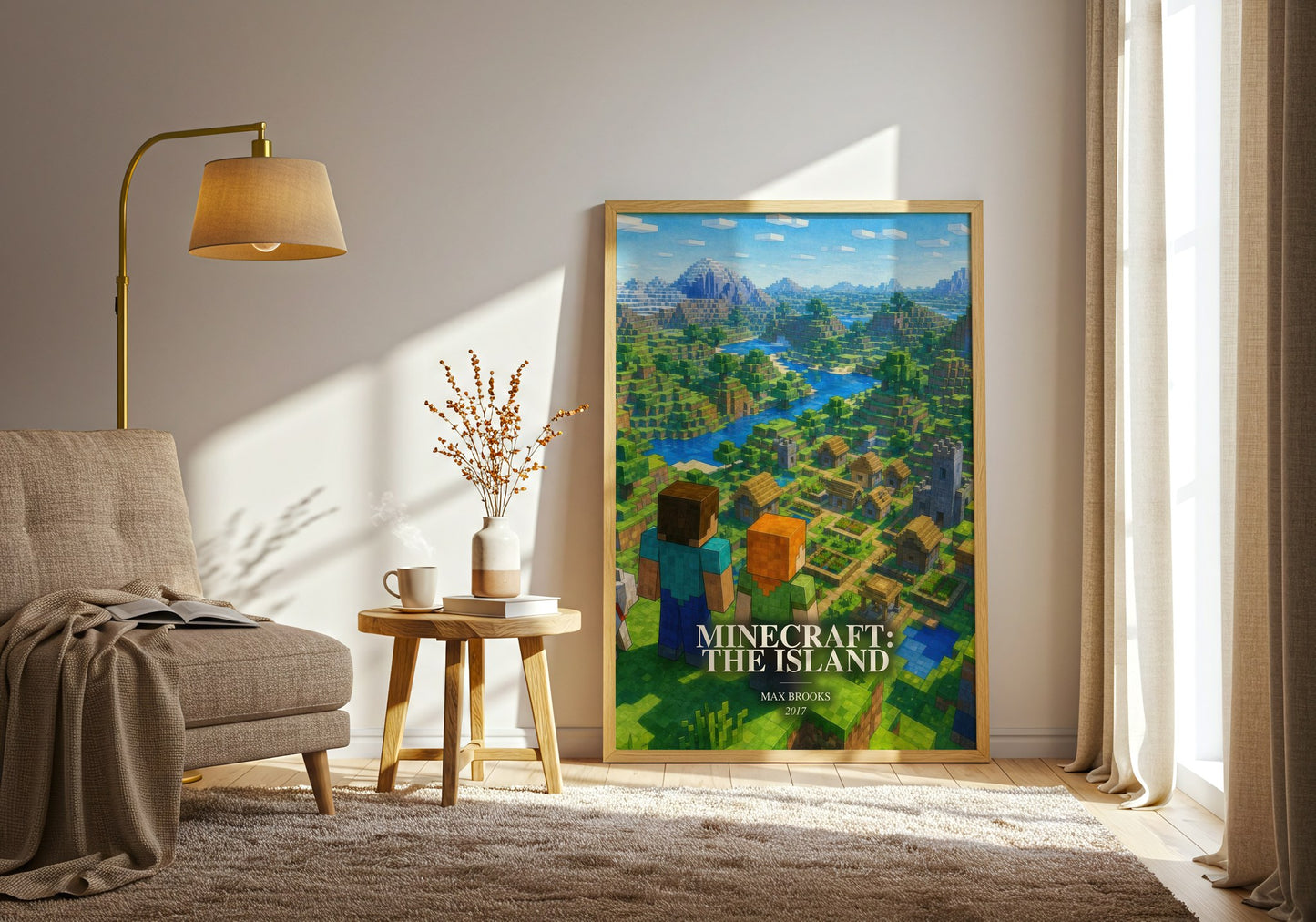 Minecraft: The Island watercolour print in frame leaning in hallway – adventure wall art