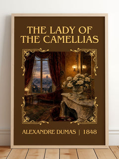The Lady Of The Camellias Classic Book Art Print by Alexandre Dumas – framed print leaning on a wooden floor