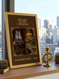 The Lady Of The Camellias Classic Book Art Print by Alexandre Dumas – framed print on a city-view windowsill