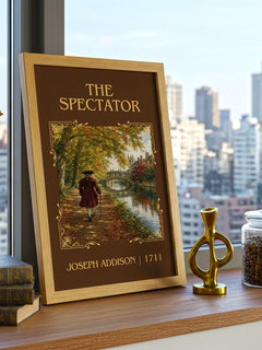 The Spectator Classic Book Art Print by Joseph Addison – framed print on a city-view windowsill