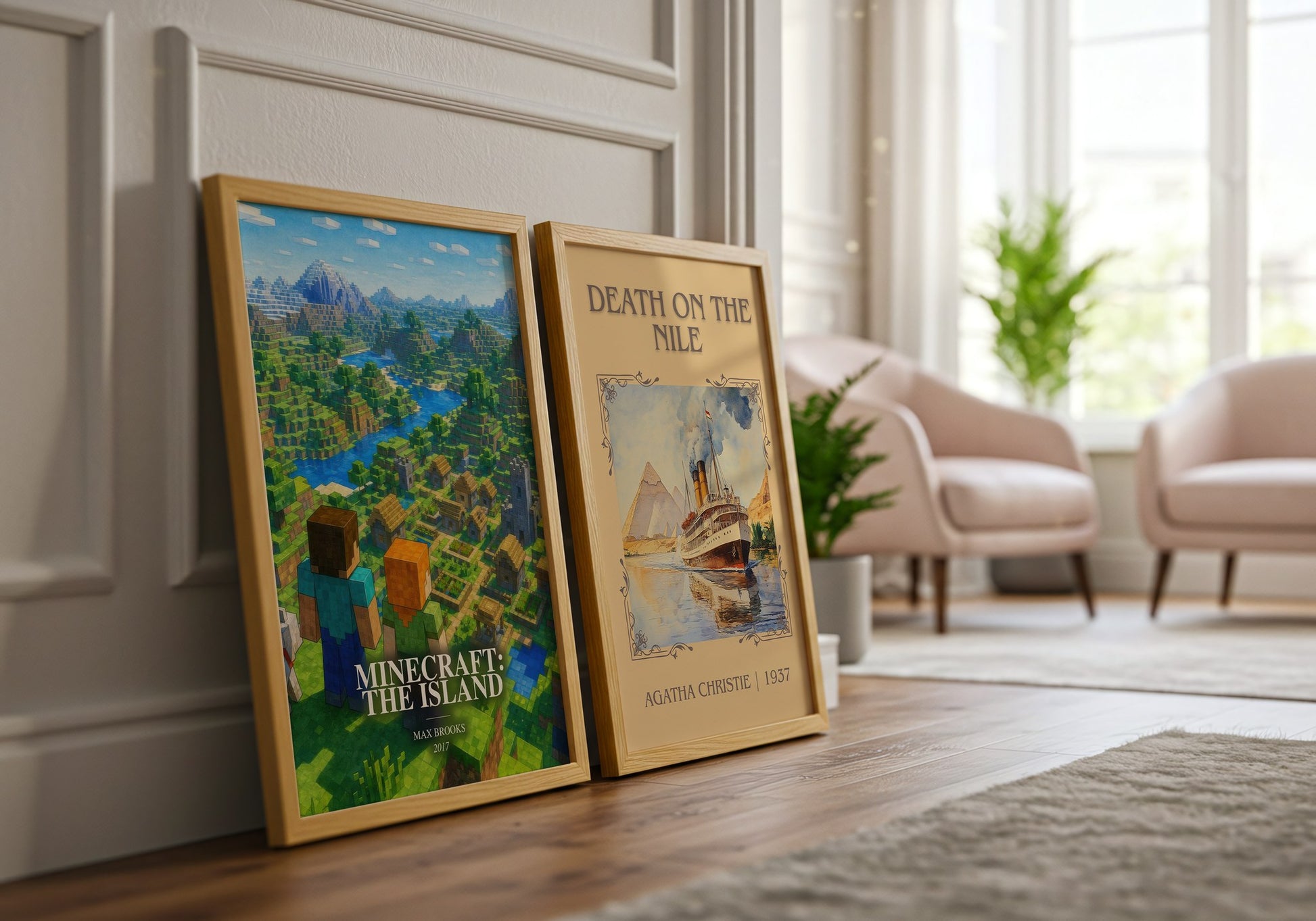 Minecraft: The Island watercolour print framed by window – literary home decor