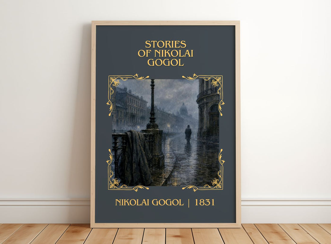 Stories of Nikolai Gogol Classic Book Art Print by Nikolai Gogol – framed print leaning on a wooden floor