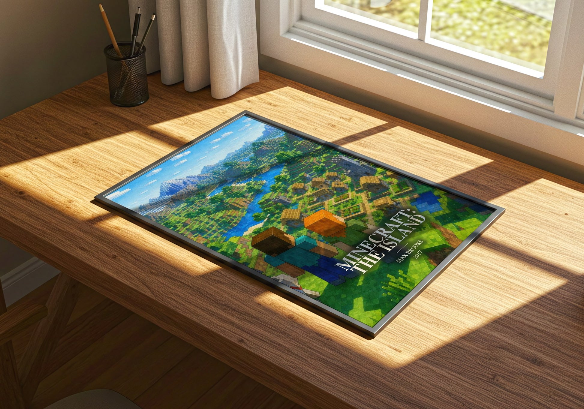 Minecraft: The Island watercolour book poster framed on wall – adventure wall art