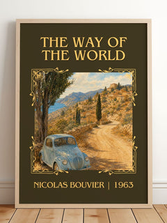 The Way Of The World Classic Book Art Print by Nicolas Bouvier – framed print leaning on a wooden floor