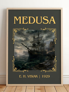 Medusa Classic Book Art Print by E. H. Visiak – framed print leaning on a wooden floor