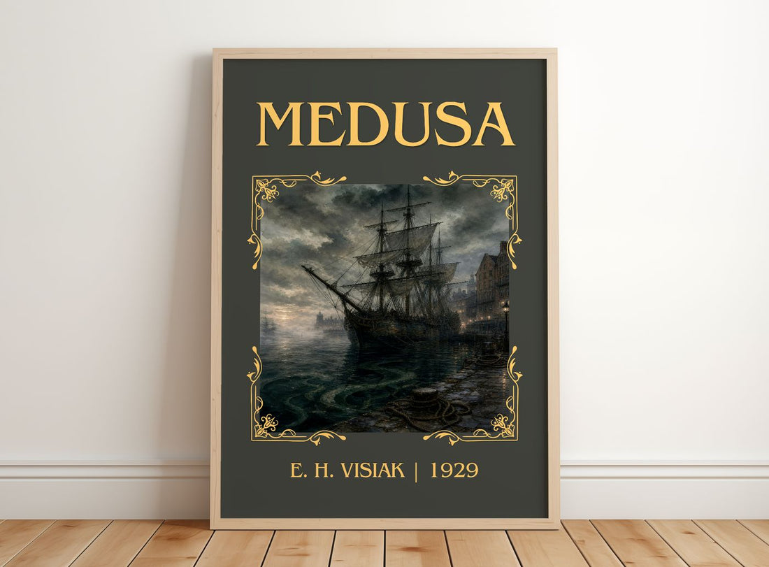 Medusa Classic Book Art Print by E. H. Visiak – framed print leaning on a wooden floor
