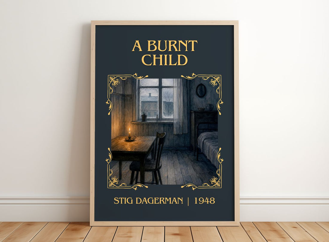 A Burnt Child Classic Book Art Print by Stig Dagerman – framed print leaning on a wooden floor