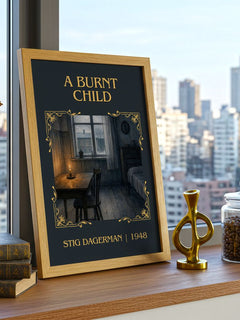 A Burnt Child Classic Book Art Print by Stig Dagerman – framed print on a city-view windowsill