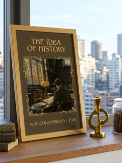 The Idea of History Classic Book Art Print by R. G. Collingwood – framed print on a city-view windowsill