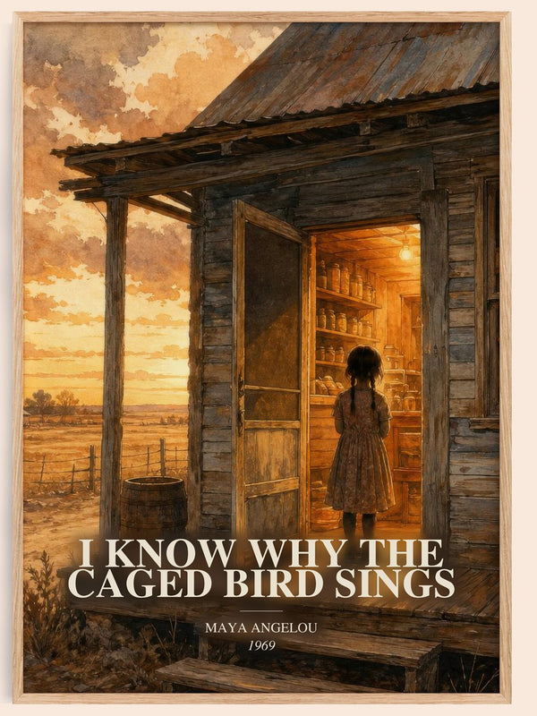 I Know Why The Caged Bird Sings watercolour book poster by Maya Angelou – framed literary art print