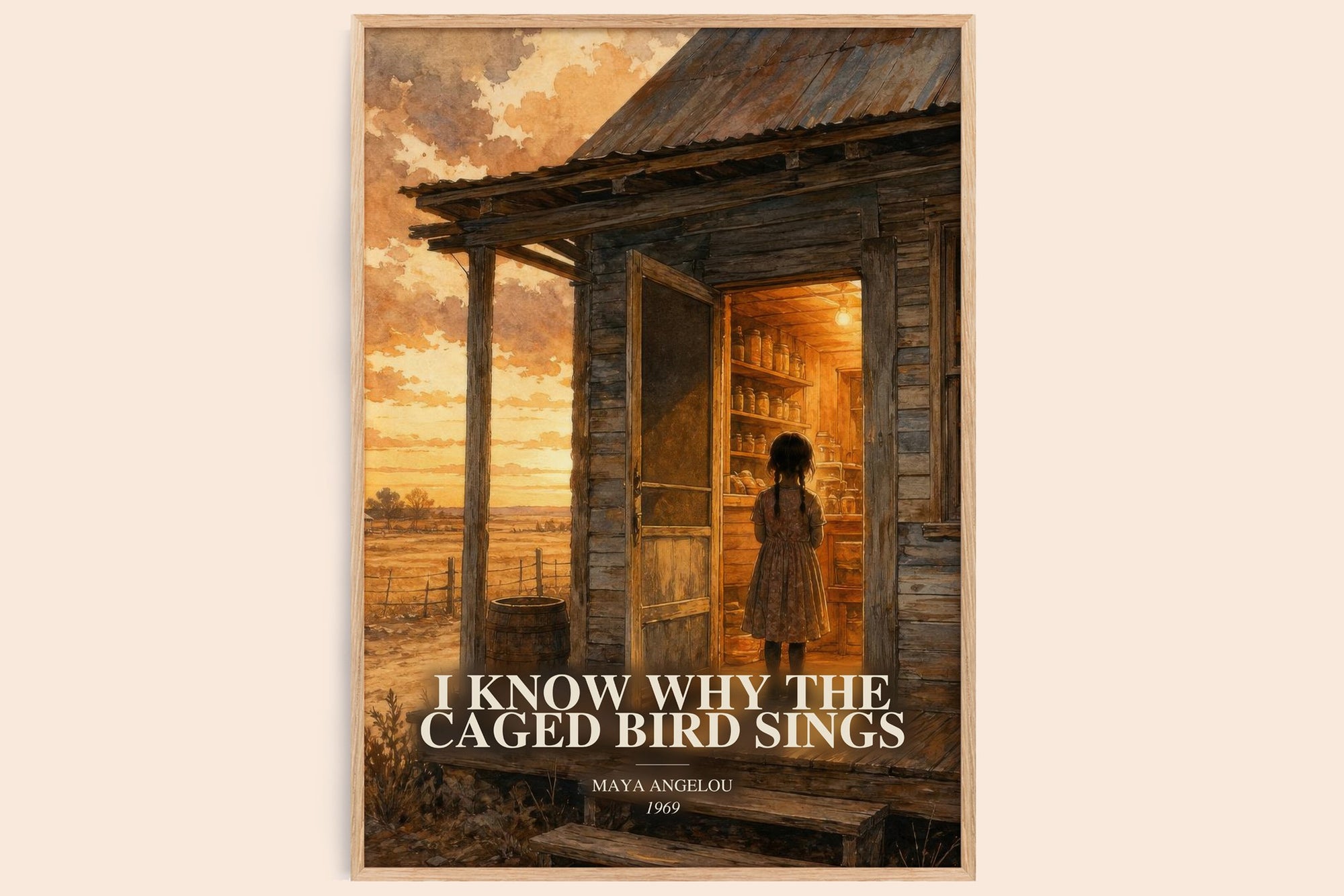 I Know Why The Caged Bird Sings watercolour book poster by Maya Angelou – framed literary art print