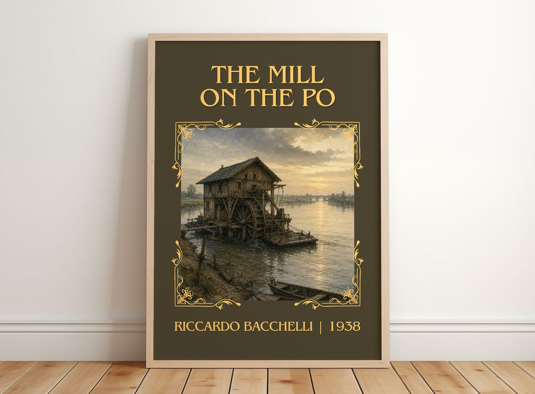 The Mill On The Po Classic Book Art Print by Riccardo Bacchelli – framed print leaning on a wooden floor