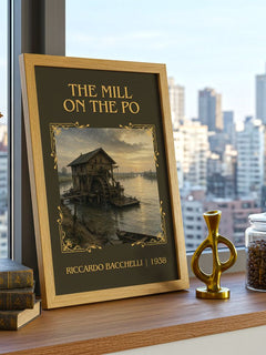 The Mill On The Po Classic Book Art Print by Riccardo Bacchelli – framed print on a city-view windowsill