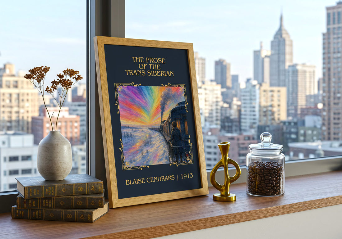 Prose Of The Trans Siberian Classic Book Art Print by Blaise Cendrars – framed print on a city-view windowsill