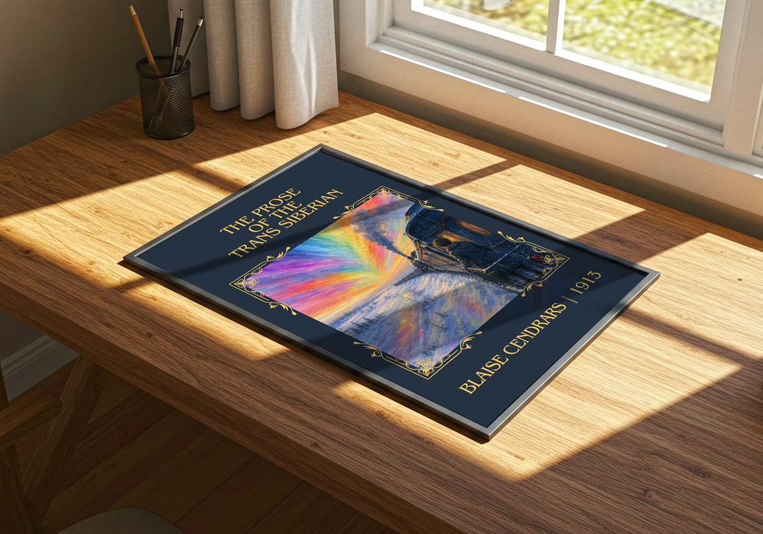 Prose Of The Trans Siberian Classic Book Art Print by Blaise Cendrars – print on a sunlit desk