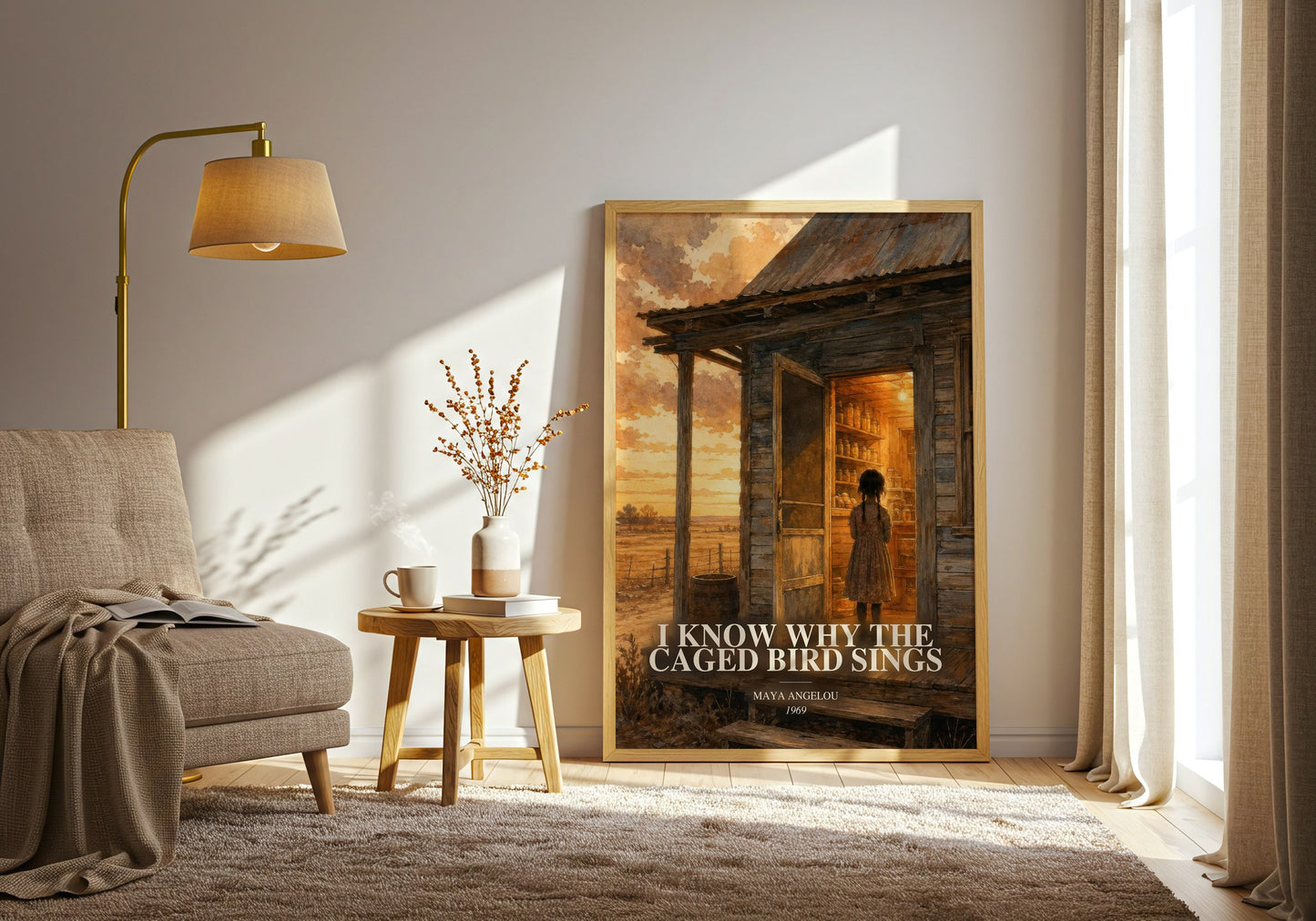 I Know Why The Caged Bird Sings watercolour print in frame leaning in hallway – memoir wall art