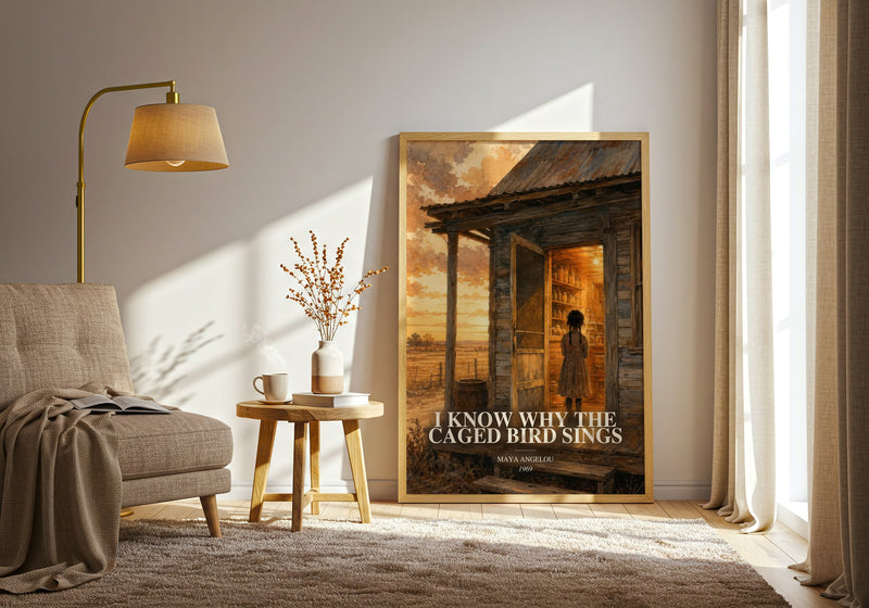 I Know Why The Caged Bird Sings watercolour print in frame leaning in hallway – memoir wall art