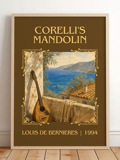 Corelli's Mandolin Classic Book Art Print by Louis de Bernières – framed print leaning on a wooden floor