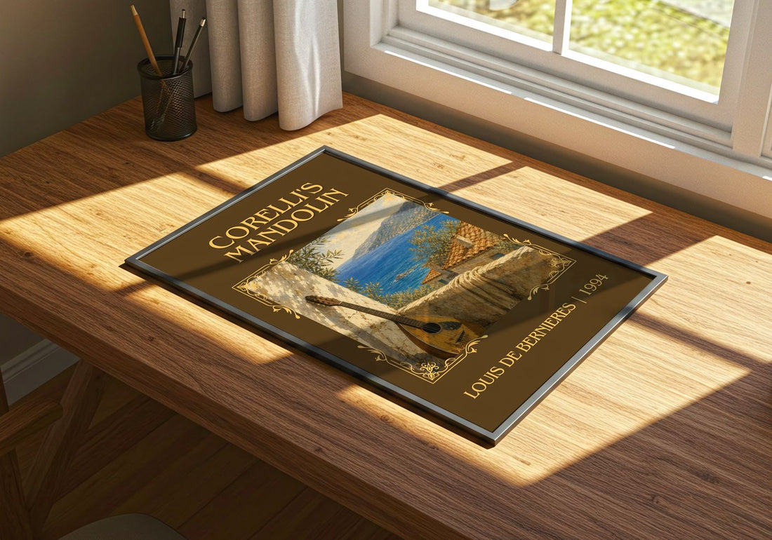 Corelli's Mandolin Classic Book Art Print by Louis de Bernières – print on a sunlit desk