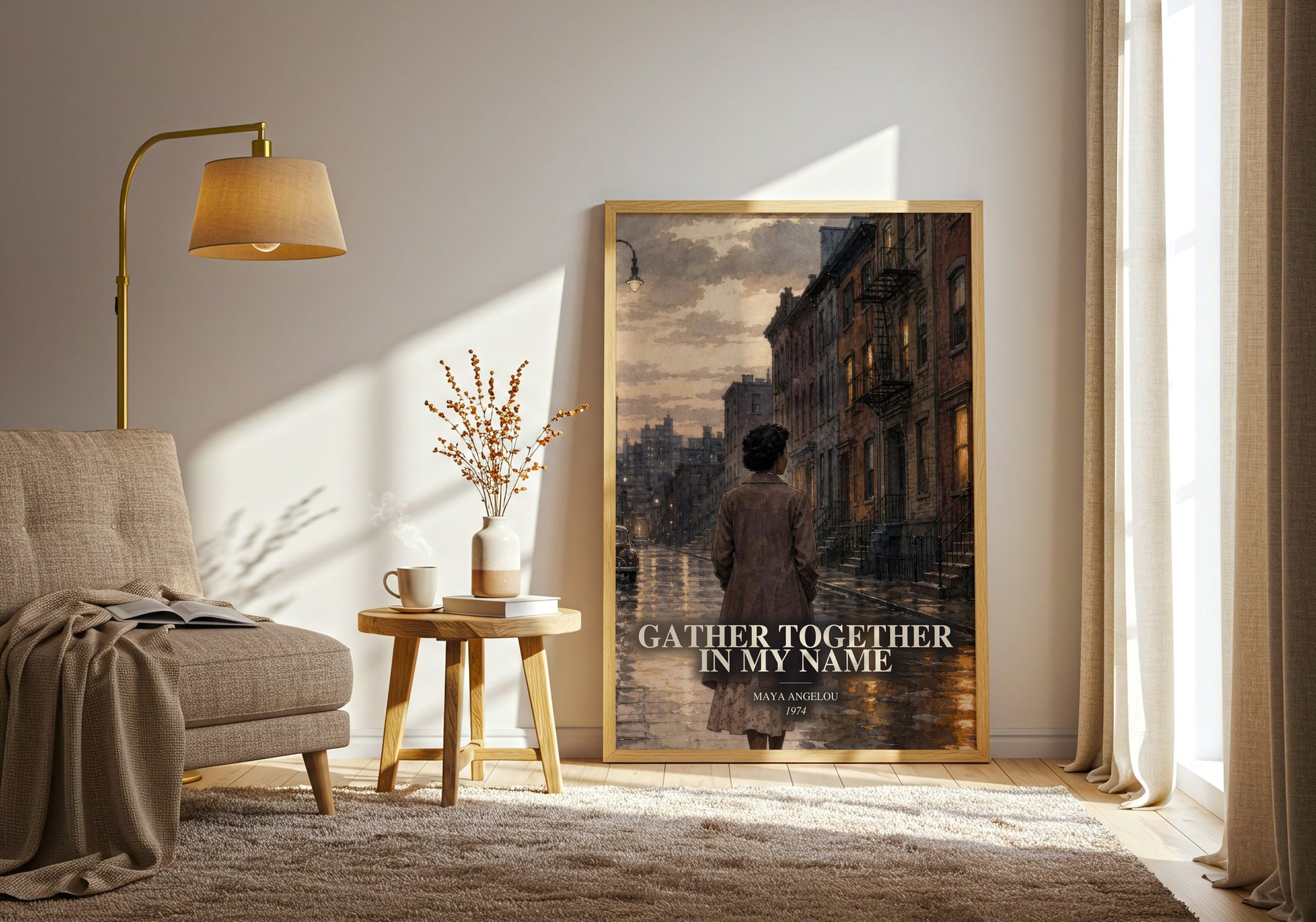 Gather Together In My Name watercolour print in frame leaning in hallway – memoir wall art