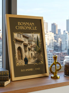 Bosnian Chronicle Classic Book Art Print by Ivo Andrić – framed print on a city-view windowsill