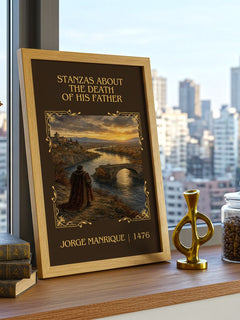 Stanzas about the Death of his Father Classic Book Art Print by Jorge Manrique – framed print on a city-view windowsill