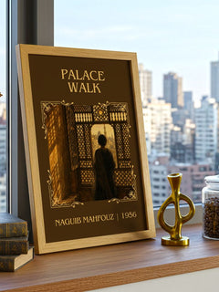 Palace Walk Classic Book Art Print by Naguib Mahfouz – framed print on a city-view windowsill