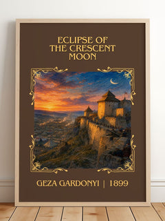Eclipse of the Crescent Moon Classic Book Art Print by Géza Gárdonyi – framed print leaning on a wooden floor