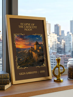 Eclipse of the Crescent Moon Classic Book Art Print by Géza Gárdonyi – framed print on a city-view windowsill