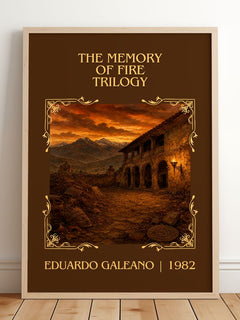 The Memory of Fire Trilogy Classic Book Art Print by Eduardo Galeano – framed print leaning on a wooden floor