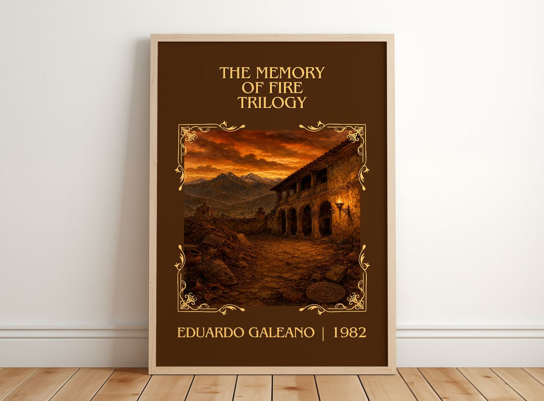 The Memory of Fire Trilogy Classic Book Art Print by Eduardo Galeano – framed print leaning on a wooden floor