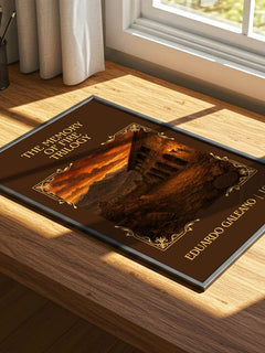 The Memory of Fire Trilogy Classic Book Art Print by Eduardo Galeano – print on a sunlit desk