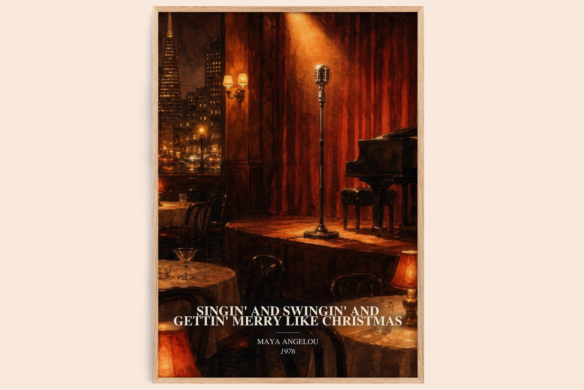 Singin' And Swingin' And Gettin' Merry Like Christmas watercolour book poster by Maya Angelou – framed literary art print