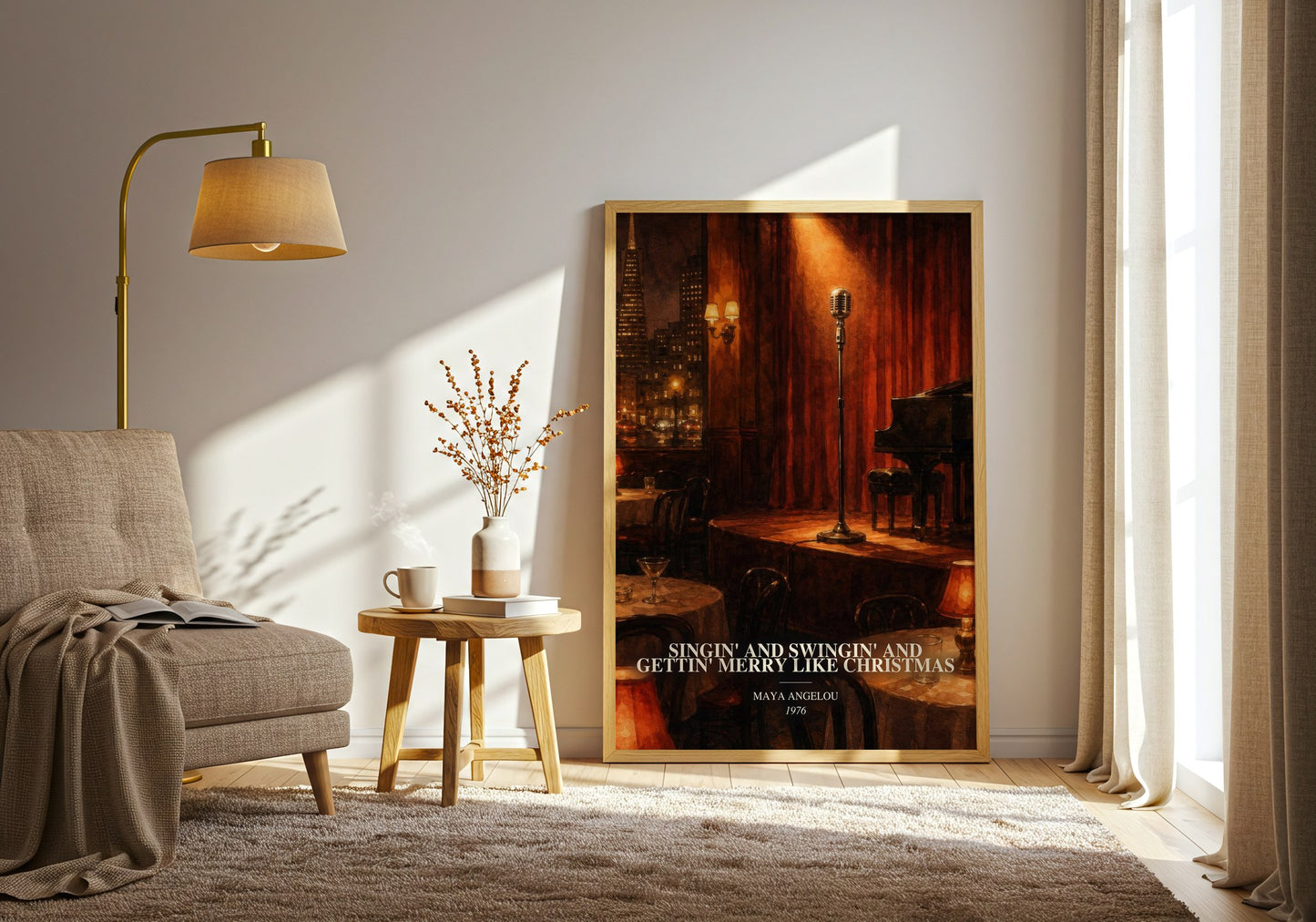 Singin' And Swingin' And Gettin' Merry Like Christmas watercolour print in frame leaning in hallway – memoir wall art