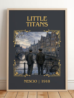 Little Titans Classic Book Art Print by Nescio – framed print leaning on a wooden floor