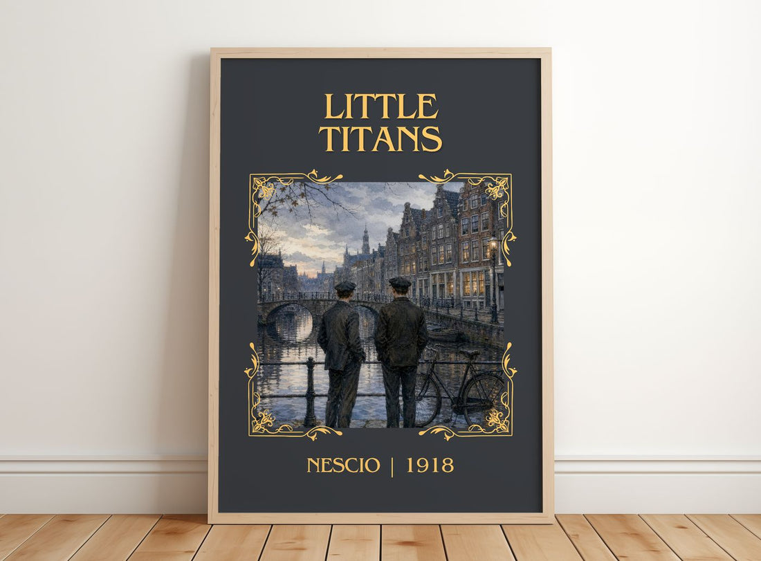 Little Titans Classic Book Art Print by Nescio – framed print leaning on a wooden floor