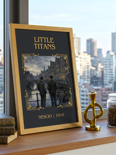 Little Titans Classic Book Art Print by Nescio – framed print on a city-view windowsill