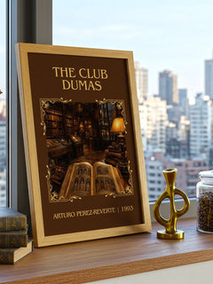 The Club Dumas Classic Book Art Print by Arturo Pérez-Reverte – framed print on a city-view windowsill