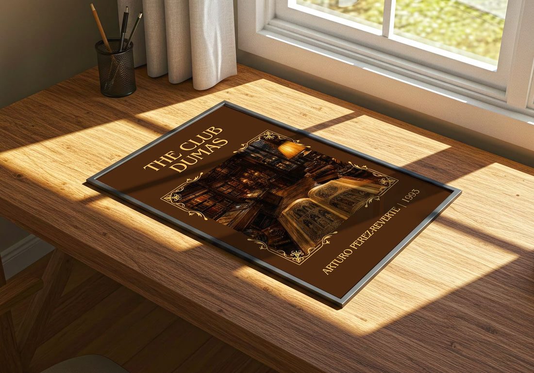 The Club Dumas Classic Book Art Print by Arturo Pérez-Reverte – print on a sunlit desk