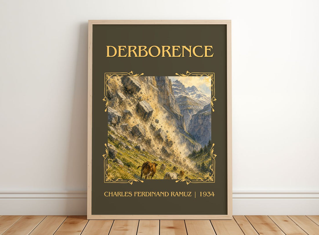 Derborence Classic Book Art Print by Charles Ferdinand Ramuz – framed print leaning on a wooden floor