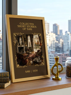 Collected Short Stories of Saki Classic Book Art Print by Saki – framed print on a city-view windowsill