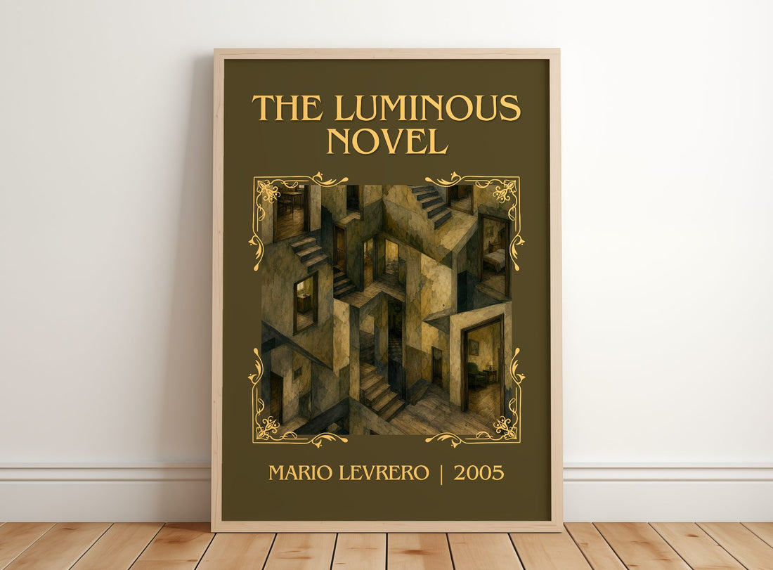 The Luminous Novel Classic Book Art Print by Mario Levrero – framed print leaning on a wooden floor
