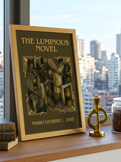 The Luminous Novel Classic Book Art Print by Mario Levrero – framed print on a city-view windowsill