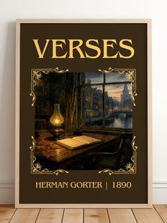 Verses Classic Book Art Print by Herman Gorter – framed print leaning on a wooden floor