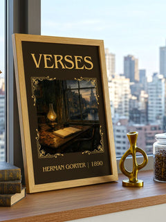Verses Classic Book Art Print by Herman Gorter – framed print on a city-view windowsill