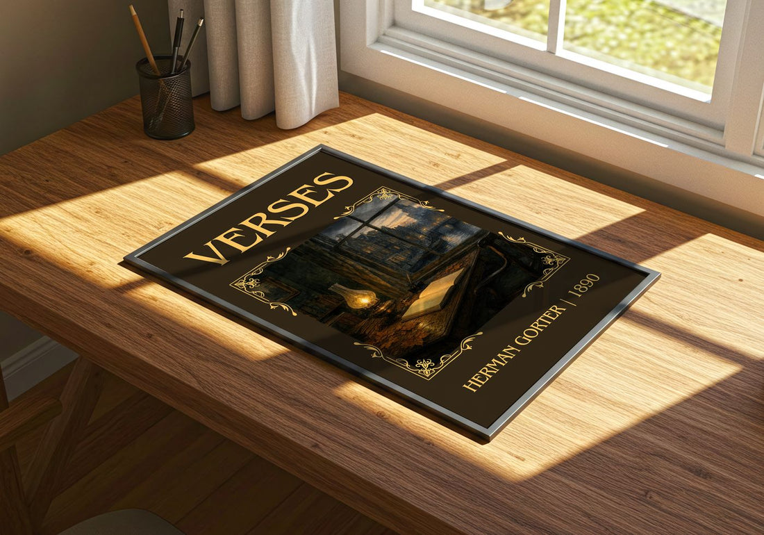 Verses Classic Book Art Print by Herman Gorter – print on a sunlit desk