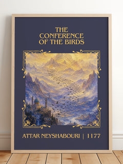 Conference Of The Birds Classic Book Art Print by Attar Neyshabouri – framed print leaning on a wooden floor